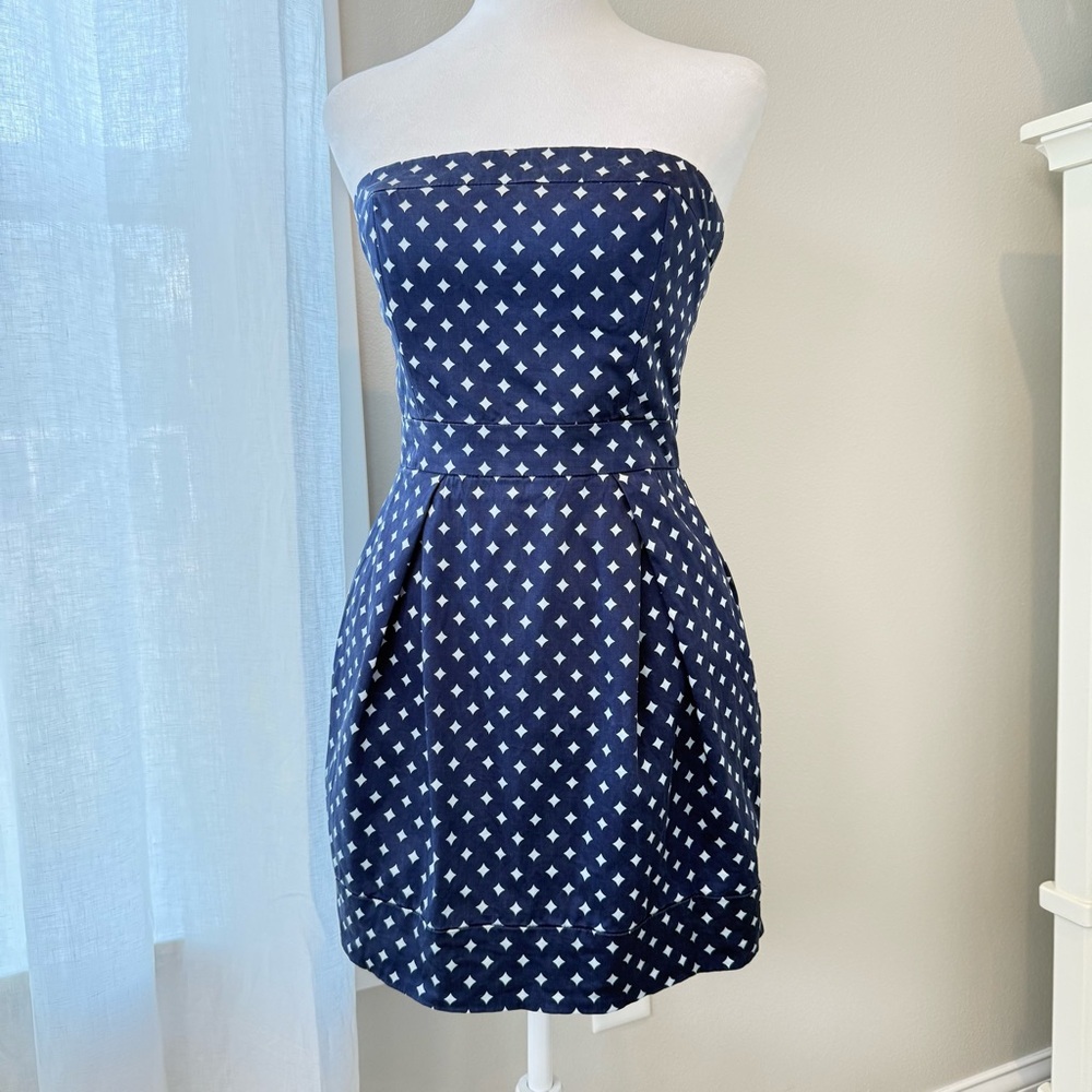 French Connection Strapless Navy w/ White Diamond Shape Pattern Mini Dress Sz‎ 6